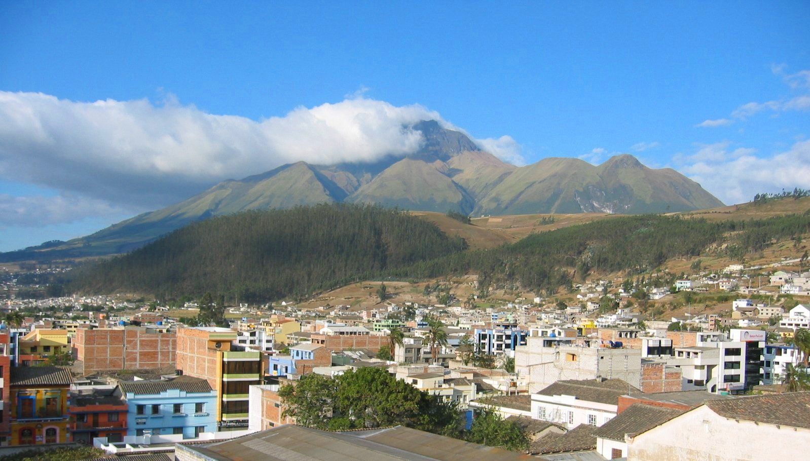 The volcano Imbabura in the background with the town of Otavalo on the floor of the valley